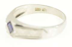 18K White Gold 1940's Syn. Sapphire Squared Men's Grooved Ring