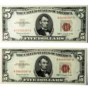 2 CH CU 1953 $5 Red Seal US Notes