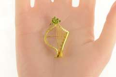 Gold Filled Green Enamel Floral Harp Musical Instrument Pin/Brooch
