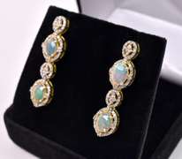 Brilliant 1.50CTW Opal W/ Fire & 1.80CTW Diamond Dangle Earrings in Gold Plated Sterling Silver