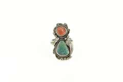 Sterling Silver Native American Coral Turquoise Ornate Ring
