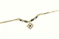 9K Yellow Gold Sapphire Diamond Round Cluster Square Chain Necklace