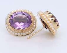 Vintage Yellow gold approximate 4.40ctw oval Amethyst and Seed Pearl Earrings
