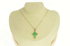 14K Yellow Gold Squared Jade Carved Cross Christian Faith Pendant
