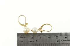 14K Yellow Gold Pearl Inset Classic Dangle Lever Back Earrings