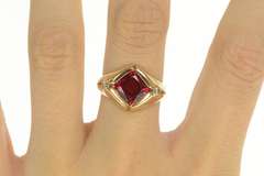 14K Yellow Gold 1960's Cushion Syn. Ruby 0.25 Ctw Diamond Ring
