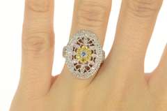 14K White Gold White Yellow & Blue Diamond Flower Filigree Ring