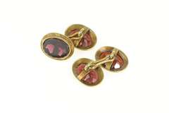 14K Yellow Gold Victorian Oval Garnet Scroll Engraved Cuff Links