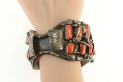 Sterling Silver Navajo Coral Jerry Wilma Begay Watch Cuff Bracelet