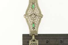 14K White Gold Art Deco Syn. Emerald Diamond Filigree Bracelet