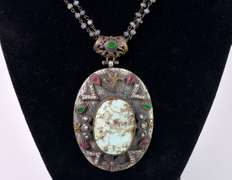 Lovely 41.29CTW Turquoise & 0.12CTW Diamond Pendant with Labradorite Necklace in Sterling Silver