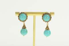 14K Yellow Gold Retro Turquoise Dangle Ornate Screw Back Earrings