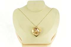 14K Yellow Gold 1960's Love Birds Pearl Amethyst Heart Charm/Pendant