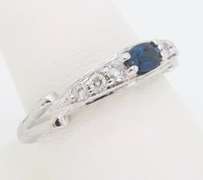 14k White Gold Blue Sapphire and Diamond Carved Ring