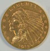 Mint State BU 1915 US $2.50 Indian Gold Piece. Better date