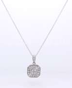 Sparkling White Gold Round Brilliant Cut Diamond Halo Cushion Pendant on Chain