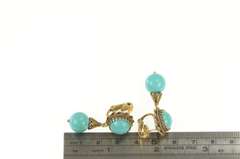 14K Yellow Gold Retro Turquoise Dangle Ornate Screw Back Earrings