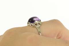 18K White Gold Art Deco Amethyst Filigree Engraved Elaborate Ring