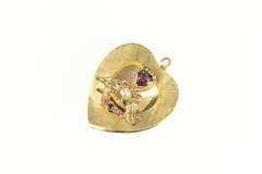 14K Yellow Gold 1960's Love Birds Pearl Amethyst Heart Charm/Pendant
