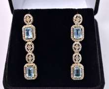Delightful 5.00CTW Sky Blue Topaz & 2.00CTW Diamond Dangle Earrings in Gold Plated Sterling Silver