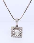 Sparkling White Gold Princess Cut Diamond in Square Halo Diamond Pendant on Chain