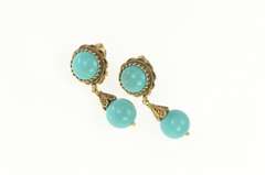 14K Yellow Gold Retro Turquoise Dangle Ornate Screw Back Earrings