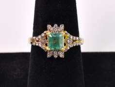 Precious 1.30CTS Emerald & 0.26CTW Diamond Ring in Gold Plated Sterling Silver