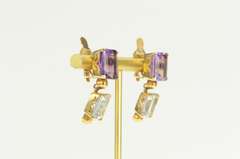 14K Yellow Gold Emerald Cut Amethyst Blue Topaz Dangle Clip Earrings
