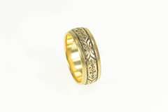 14K Yellow Gold 6.9mm Ornate Floral Pattern Wedding Band Ring
