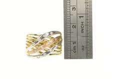 14K Yellow Gold Diamond Tri Tone Wavy Layered Look Band Ring
