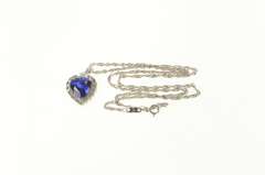 10K White Gold Heart Syn. Sapphire Diamond Halo Chain Necklace
