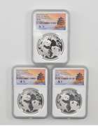(3) MS70 2021(G), (S), (Y) China 10 Yuan 30g .999 Silver Panda NGC/COA