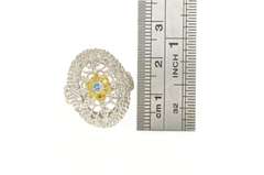 14K White Gold White Yellow & Blue Diamond Flower Filigree Ring
