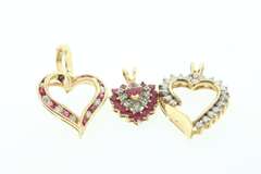 Romantic Group Set of 14k Gold Heart Pendants with Diamonds and Red Topaz