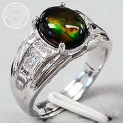 1.70CT GENUINE ETHIOPIAN BLACK OPAL & CREATED WHITE TOPAZ STERLING ADJUSTABLE MENS ING