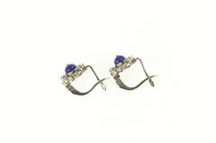 18K White Gold 1940's Blue Enamel Diamond Halo Flower Earrings