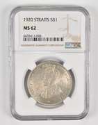 MS62 1920 Straits Settlements 1 Dollar - Graded NGC