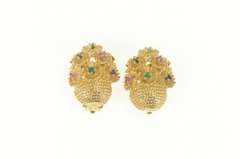 14K Yellow Gold 1960's Emerald Daisy Bouquet Basket Clip Back Earrings