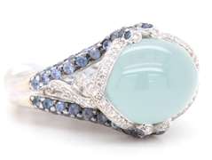 New 12.20ct Chalcedony 1.84ctw Sapphire and 0.88ctw Diamond Frame Ring in 18K