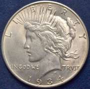 1934-D Peace Silver Dollar With Luster.
