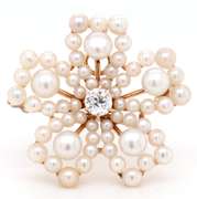 0.30ct European Cut Diamond and Pearl Flower Brooch in 14K