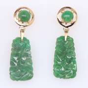 Vintage Yellow Gold Carved Jade Dangle Earrings