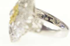 14K White Gold White Yellow & Blue Diamond Flower Filigree Ring