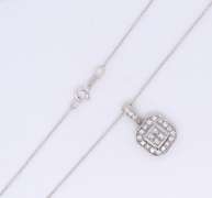 Sparkling White Gold Round Brilliant Cut Diamond Halo Cushion Pendant on Chain