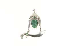 Sterling Silver Carved Tribal Mask Green Agate Scimitar Pin/Brooch