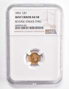 Error AU58 1852 $1 Liberty Head Gold Dollar Piece REV Struck Thru NGC