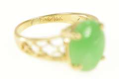 14K Yellow Gold Oval Jadeite Cabochon Scalloped Filigree Ring