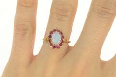 14K Yellow Gold 1.35 Ctw Victorian Natural Opal Ruby Halo Ring