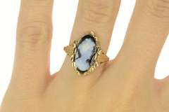 10K Yellow Gold Carved Agate Lady Cameo Vintage Statement Ring