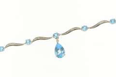 14K White Gold Pear Blue Topaz Diamond Wavy Bar Chain Necklace